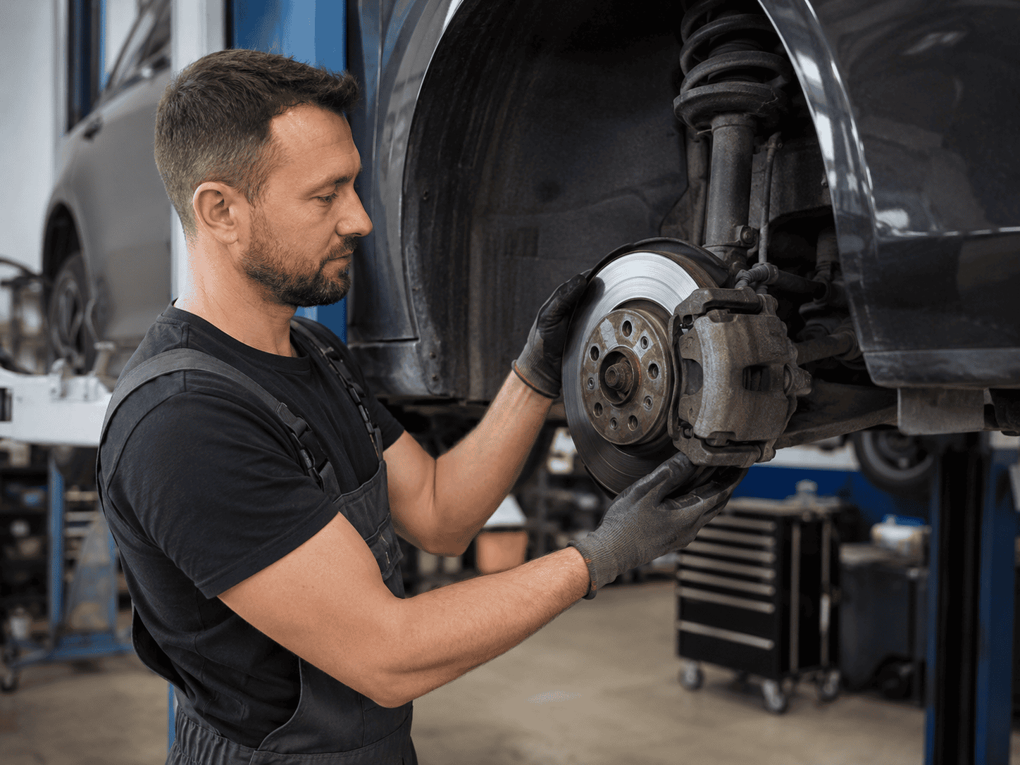 Mechanic inspecting car brake system for vehicle recovery in Telford.