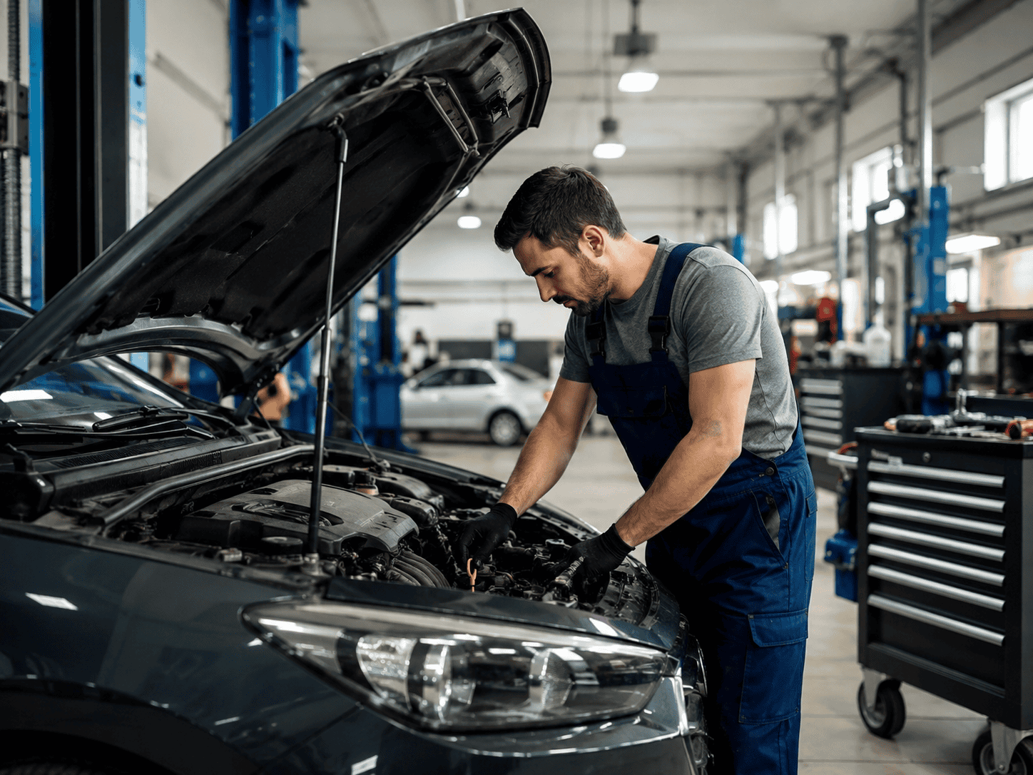 Mechanic inspecting car engine at Telford vehicle recovery workshop.