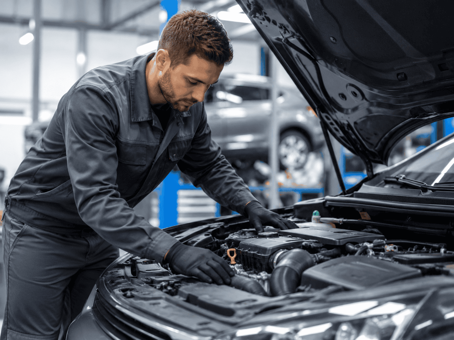 Automotive mechanic inspecting car engine in Telford workshop.