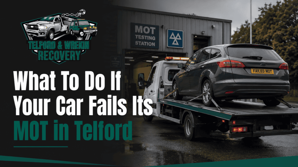 Car being recovered after failing MOT at Telford recovery centre.